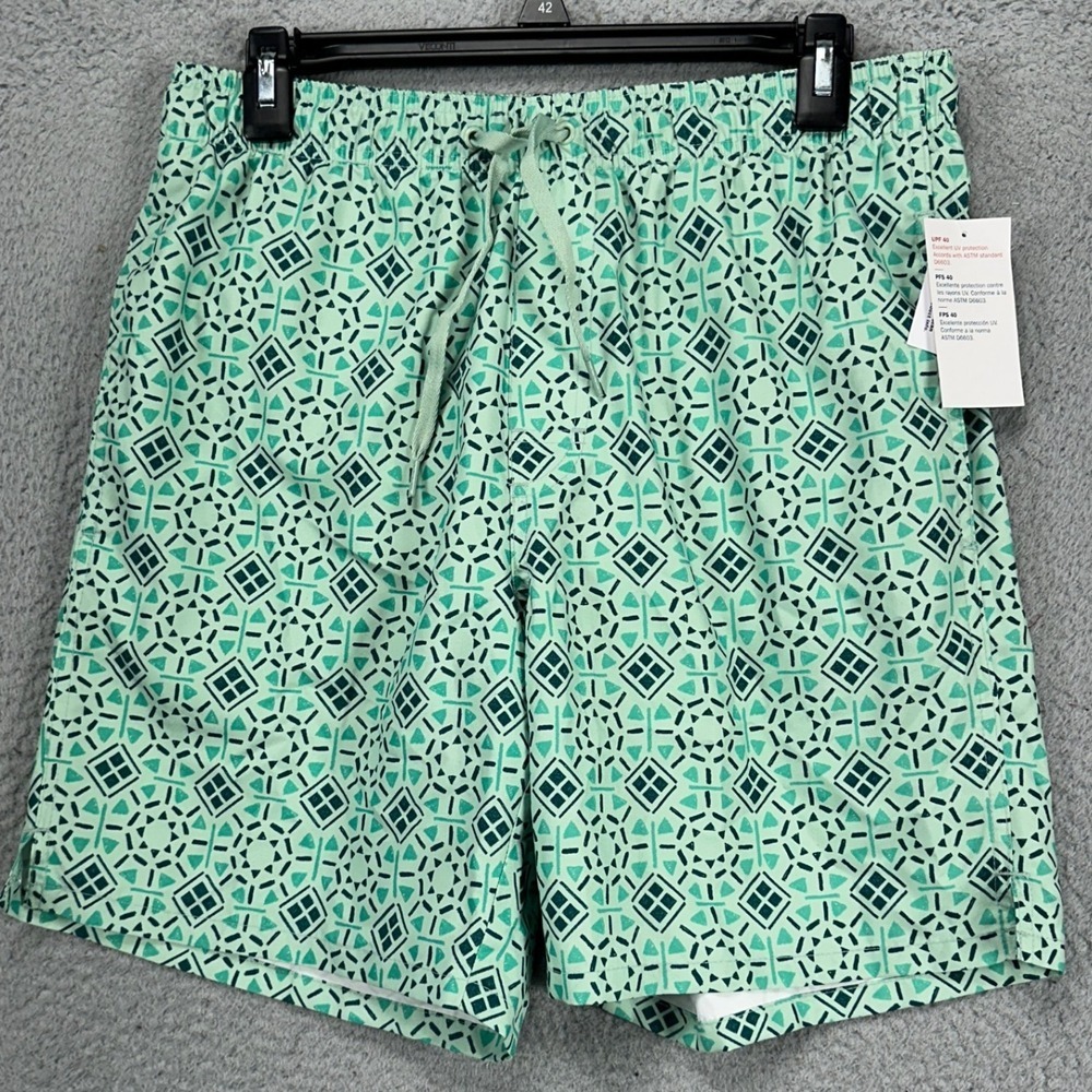 Old Navy Men Swim Trunks Small Green Geometric Lined Drawstring Board Shorts NEW